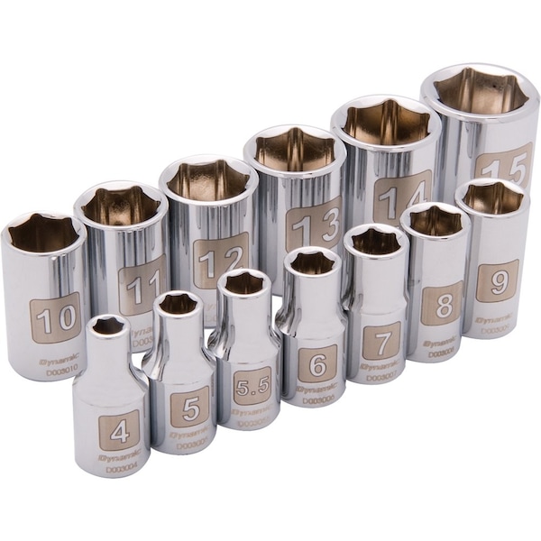 Tools 1/4" Drive 13 Piece 6 Point, Std Metric Socket Set, 4mm - 15mm